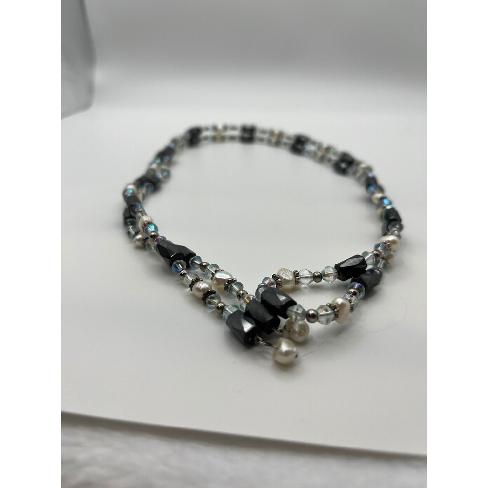 Vintage Necklace 36" Black Onyx Freshwater Pearl Iridescent Crystal Magnetic